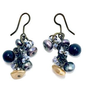 Antique Inspired Grey Freshwater Pearl and Seed Bead Cluster Earrings